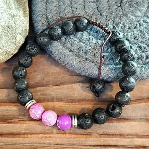Handcrafted Chakra Bracelet Purple Aqua Terra Jasper Black Lava